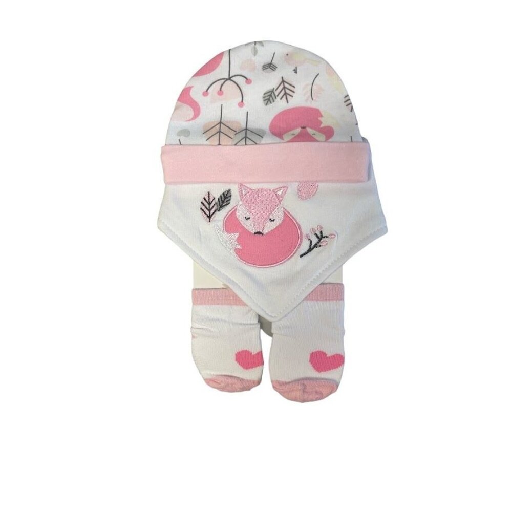 Baby Mode Pink Fox Beanie, Bib and Socks Set, 3 Pieces - 0-6 Mos